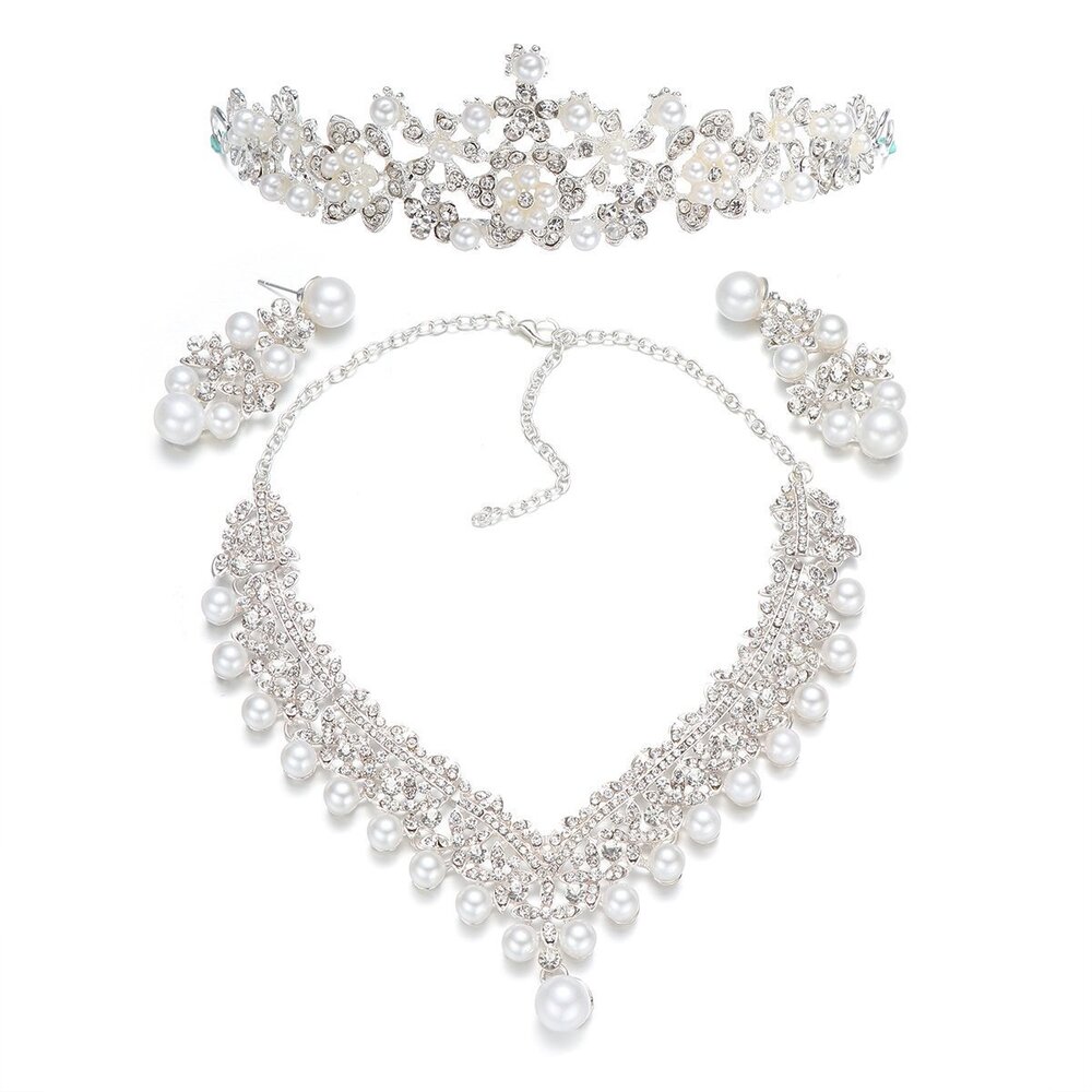 4032 Crown Tiaras Wedding Bridal Jewelry Sets Rhinestone Pearl Crown